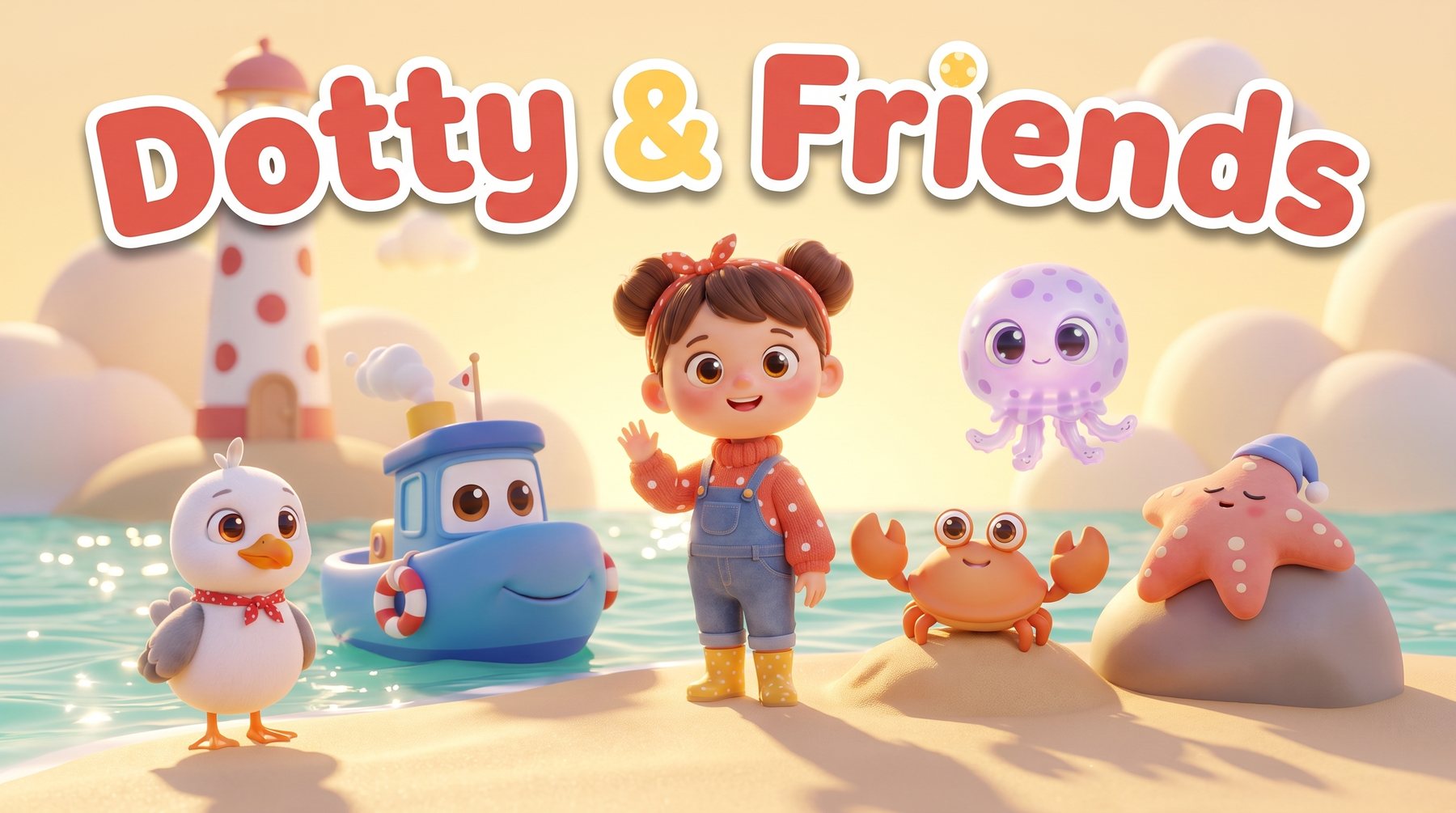 Dotty and her friends on the beach by the little lighthouse